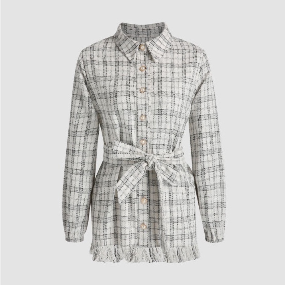 NWT Cider White Plaid Tie Belt Jacket/Top Sz L